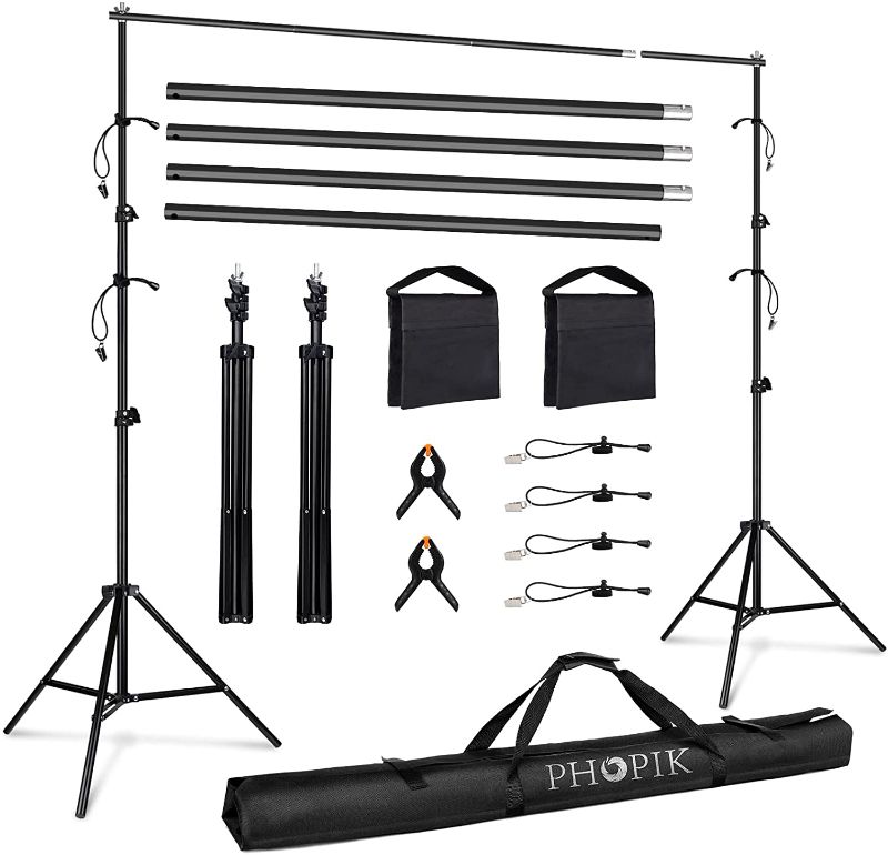 Photo 1 of PHOPIK Photography Backdrop Stand, 10ft Adjustable Photo Background Holder, Back Drop Banner Stand Support System Kit for Portrait & Studio Photography, Birthday Party
