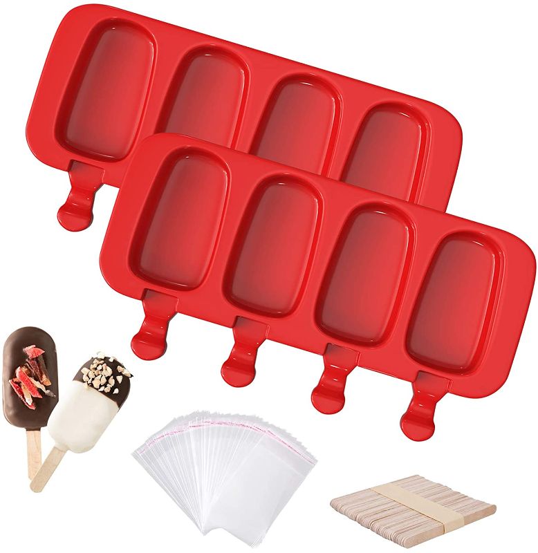 Photo 1 of 2 Packs of 2 Pcs Upgraded Popscicle Molds, Ouddy Large Silicone Popsicle Molds 4 Cavities Ice Pop Molds Oval with 50 Wooden Sticks & 30 Parcel Bags, Cake Pop Mold for Kids DIY Ice Popsicle
