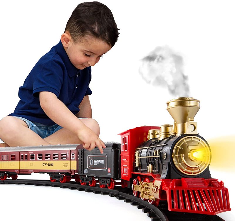 Photo 1 of TEMI Train Sets w/ Steam Locomotive Engine, Cargo Car and Tracks, Battery Operated Play Set Toy w/ Smoke, Light & Sounds, Perfect for Kids, Boys & Girls, Red
