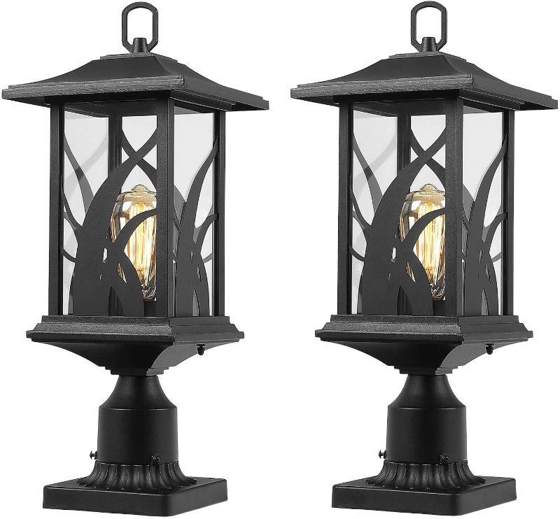 Photo 1 of Beionxii Outdoor Post Light Fixtures | Twin Pack Exterior Pillar Lantern Outside Lamp Post with 3-Inch Pier Mount Adapter, Sand Textured Black Cast Aluminum with Clear Glass - A331P-2PK
