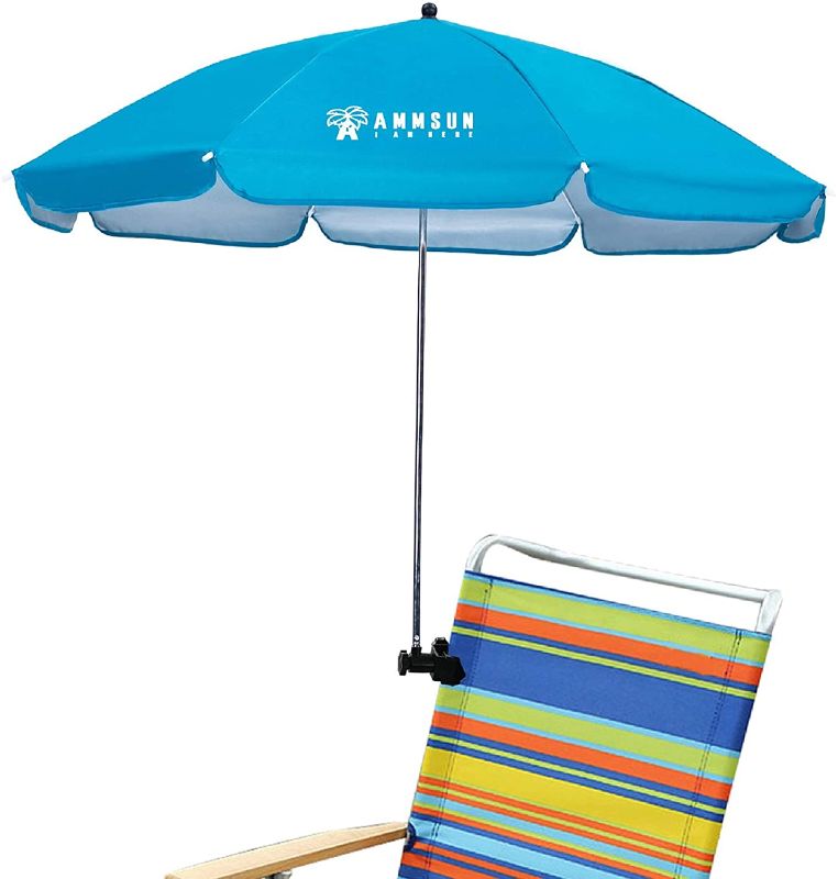 Photo 1 of AMMSUN Chair Umbrella with Universal Clamp 43 inches UPF 50+,Portable Clamp on Patio Chair,Beach Chair,Stroller,Sport chair,Wheelchair and Wagon,Sky Blue
