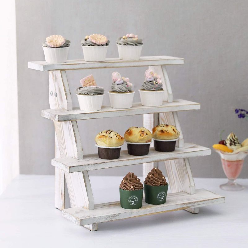 Photo 1 of 4-Tier Display Stand - Whitewashed Wood Collectible Stair Shelf Retail Riser, Cupcake Dessert Stand