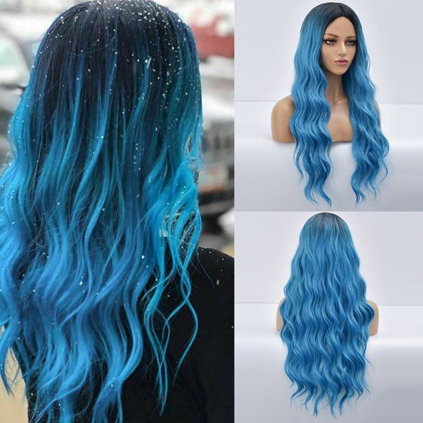 Photo 1 of Blue Long Curly Hair High Temperature Silk Wig 22inch Blue 