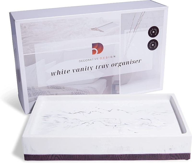Photo 1 of Decorative Design White Vanity Tray Organizer - Marble Style Resin for Bathroom, Kitchen Countertops, Desks, Dressers - Modern Minimal Design to Store Cosmetics, Jewelry, Trinkets - 10.4 x 5.9 Inch