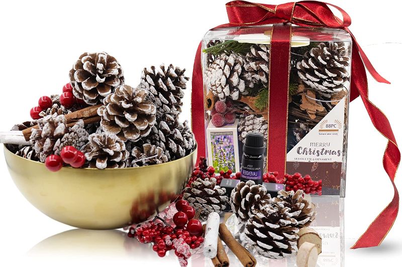 Photo 1 of 88Pcs PineConesVase Filler Scented Gift Set, Christmas Rustic Pine Cones Bulk Ornaments Perfect for Crafting for Home Accent Decor Thanksgiving Fall Party Craft Decorations (Snow)