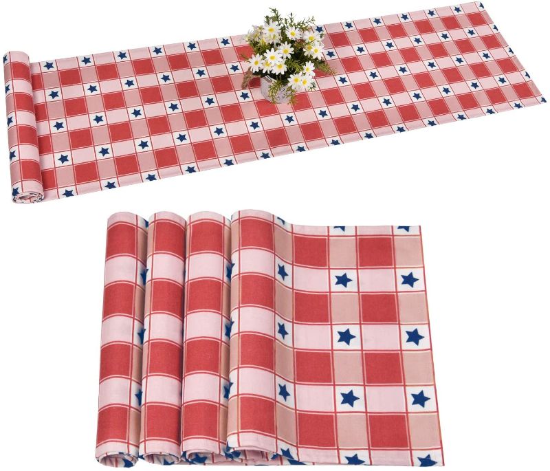 Photo 1 of 4th of July Table Runner with 4 Placemats Star and Checkered Table Runners Set Independence Day Decor for Dinner Parties, Catering Events, Indoor and Outdoor Parties