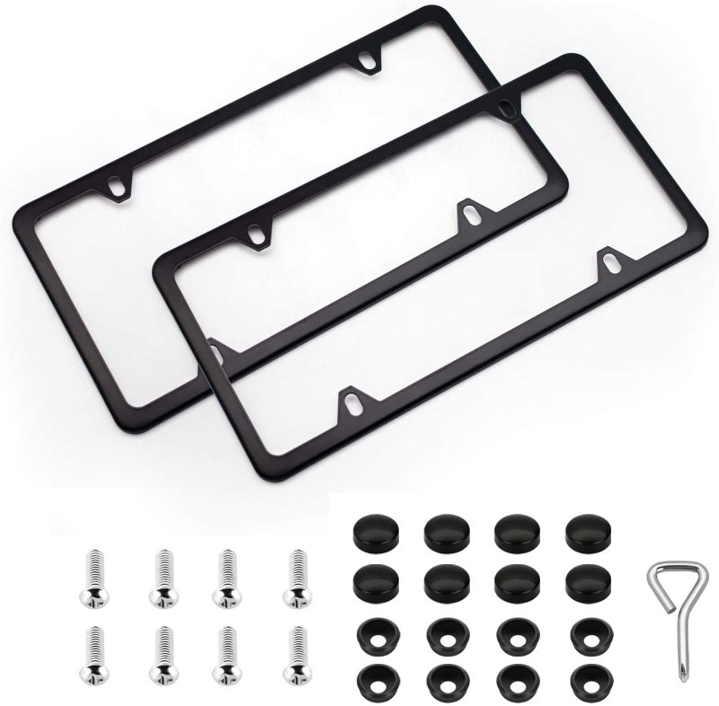 Photo 1 of 2 Pcs 4 Holes Stainless Steel Silver License Plate Frame,Car Licenses Plate Covers Holders Frames for Plates with Screw Caps.(Black)
