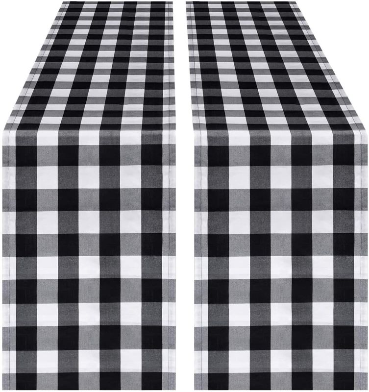 Photo 1 of  2 Pack 14 x 108 inch Buffalo Check Table Runner Polyester Cotton Black and White Plaid for Indoor and Outdoor Parties, Family Dinner, Thanksgiving, Christmas & Gathering