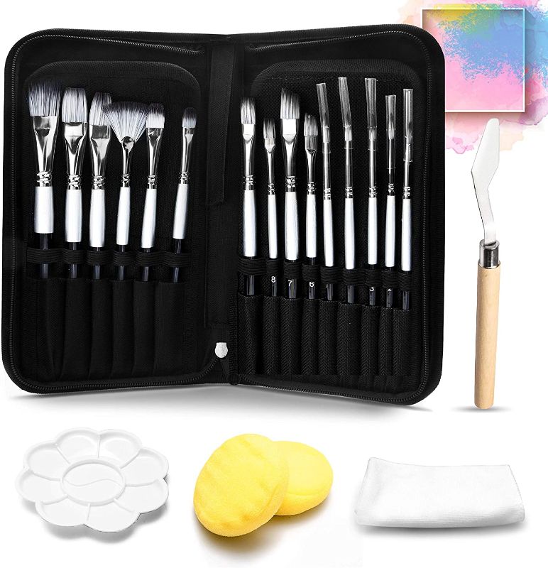 Photo 1 of 20 PCS Acrylic Paint Brush Set-15 Different Artist Paint Brushes 1 Palette Knife 1 Sponge 1 Wipe Cloth 1 Carrying Case for Acrylic Oil a Painting for Artist Kids Beginners, Painting Lovers