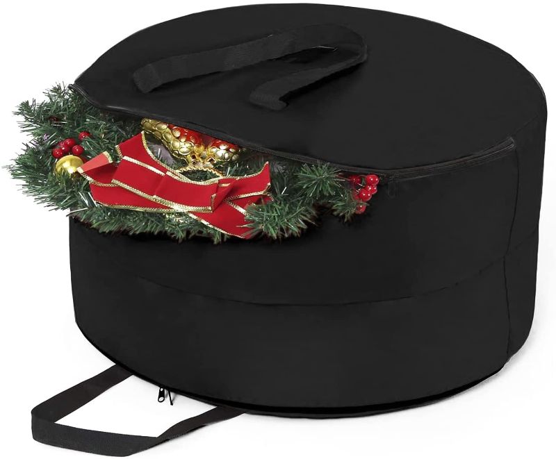 Photo 1 of 24" Christmas 2 Layers Heavy Duty 600D Oxford Wreath Storage Bag,Extra Storage in Central Part,Black,VHO-018