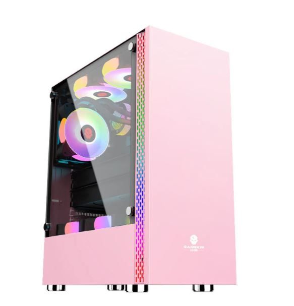 Photo 1 of GAMEKM Quadratic Element Desktop Computer Case USB3.0 Interface Tempered Glass Gaming PC Case Compatible with ATX, ITX, MicroATX - Pink