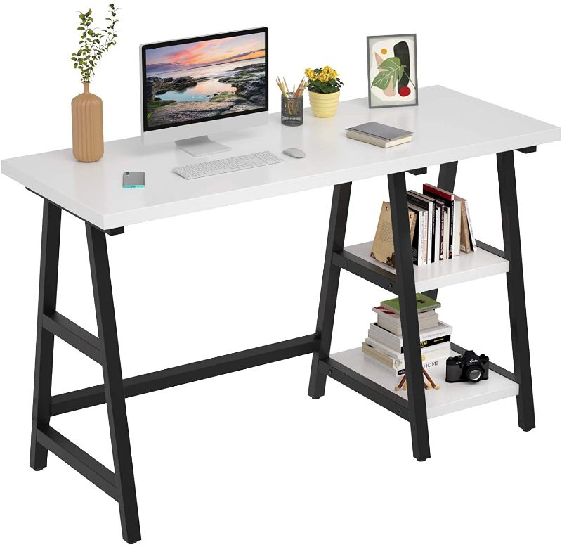 Photo 1 of Foxemart Computer Desk 47 Inch Study Writing Home Office Trestle Desks with Storage Shelves, 2-Tier 47” Modern Sturdy PC Laptop Gaming Desk, Multifunctional Wooden Work Table, Easy to Assemble, White