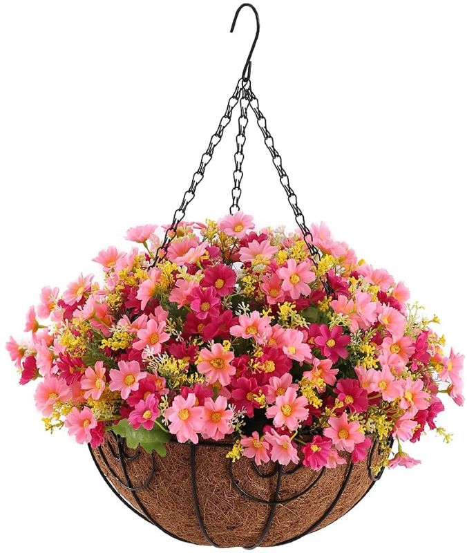 Photo 1 of Artificial Hanging Flowers in Basket for Garden Eave Patio Lawn Decor 49Pcs of Fake Daisy Bunches in 11.8 inches Metal Planter with Coco Coir Liner (Pink Flowers)