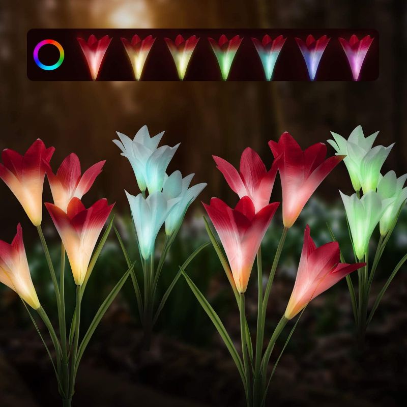 Photo 2 of Solar Lights Outdoor- 2 Pack New Upgraded Solar Garden Lights with 8 Lily Flowers Petals,7 Colors Changing IP65 Waterproof Decorative Lights for Backyard Patio Lawn Front Yard