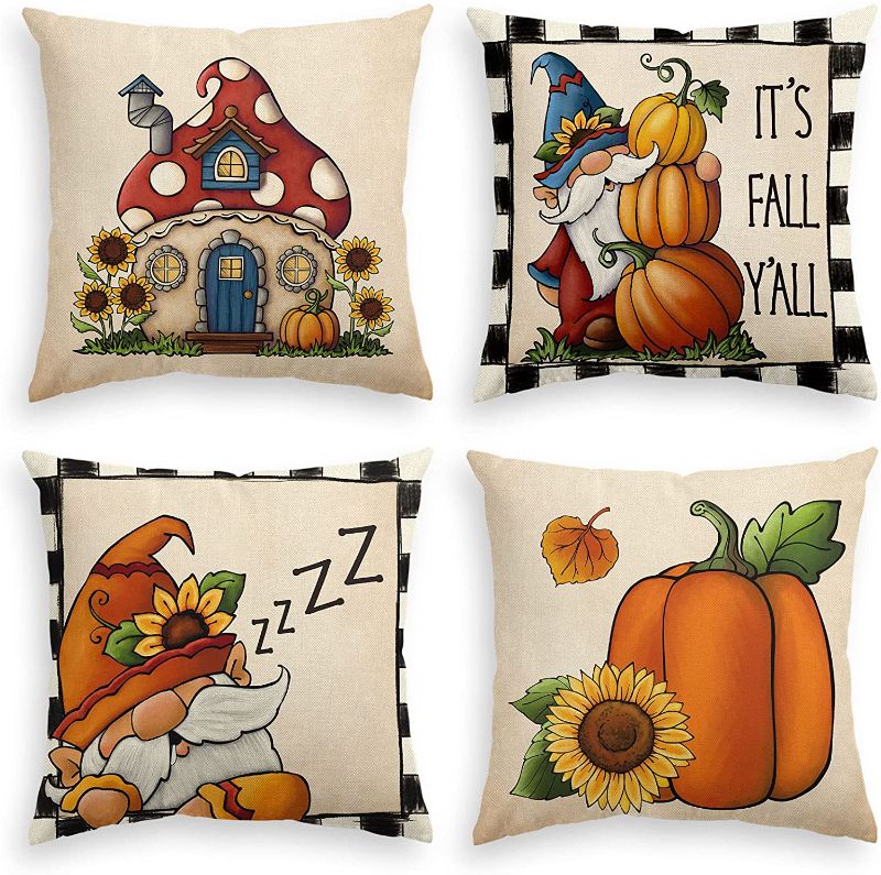 Photo 1 of AVOIN colorlife Fall Mushroom Pumpkin Gnome It's Fall Y'all Throw Pillow Covers, 18 x 18 Inch Autumn Sunflower Seasonal Cushion Case for Sofa Couch Set of 4