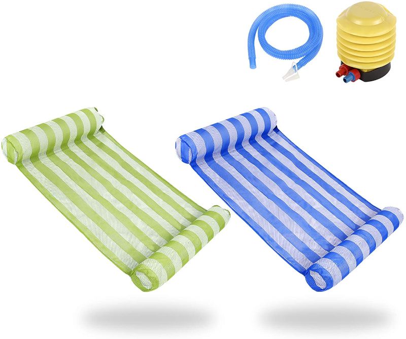 Photo 1 of Yecamooo 2-Pack Premium Swimming Pool Floats Hammock, Multi-Purpose Inflatable Pool Hammock(Saddle, Lounge Chair, Hammock, Drifter) Pool Chair, Portable Water Hammock (Blue and Green)