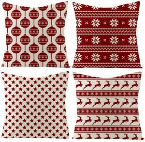 Photo 1 of Christmas Pillow Covers 18x18 Inch, 4 Pack Decorative Linen Throw Pillow Cover with The Pattern of Christmas Tree, Reindeer, Happy House & Santa Claus for Livingroom Bedroom Car