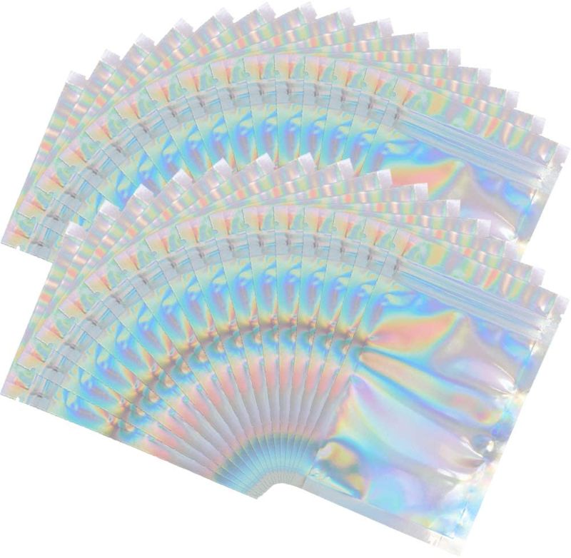 Photo 1 of 100 Pieces Mylar Holographic Resealable Bags - 4 x 6" Smell Proof Bags, Foil Pouch Ziplock Bags for Party Favor Food Storage (Holographic Color, 4 x 6 Inch)
