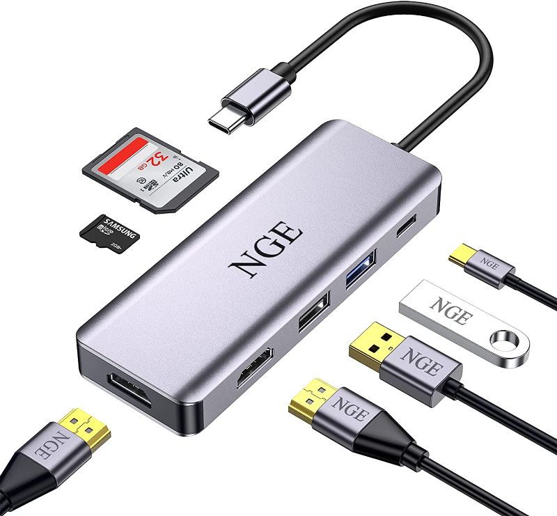 Photo 1 of USB C to Dual HDMI Adapter, NGE USB C Docking Station, 7-in-1 USB C to Dual Monitor Adapter with 4K HDMI, USB, 100W PD, SD/TF Card Reader, Compatible with MacBook/Surface/HP/Lenovo laptops
