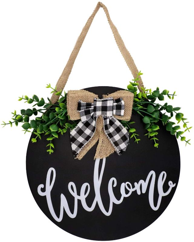 Photo 1 of 3D Welcome Sign for Front Door | Black Round Wooden Front Door Christmas Wreaths | Christmas Door Hanger for Front Door/Wall Décor | Christmas Classroom, Home Yard, Porch Décor
