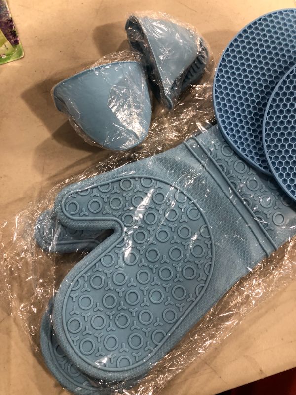 Photo 2 of  Silicone Oven Mitts and Pot Holders Set, 6 Piece Set with 2 Hot Pads, Heat Resistant to 450?-Extra Long 15 Inch Professional Silicone Oven Mitts for Grilling Cooking Baking(Blue)
