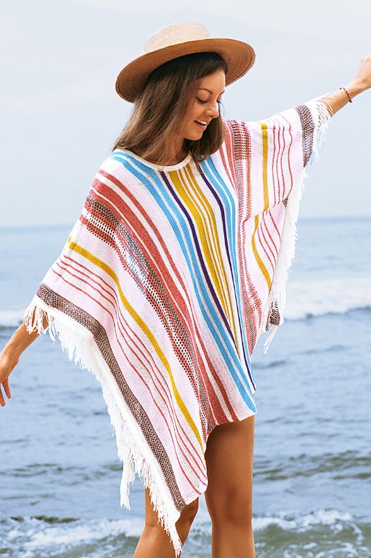 Photo 1 of CUPSHE Colorful Vertical Stripes Square Cover Up With Tassels (M)
