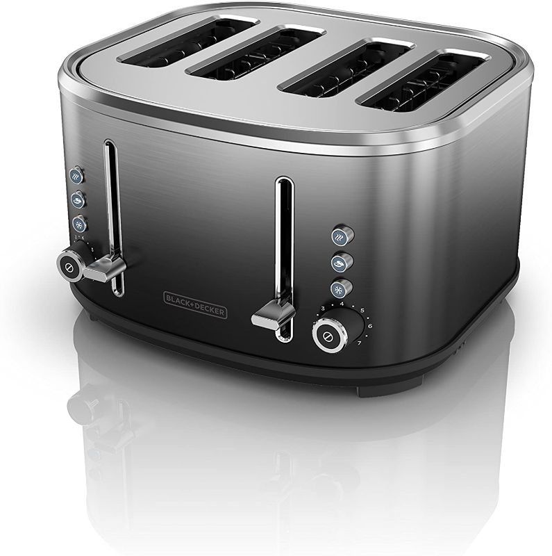 Photo 1 of BLACK+DECKER 4-Slice Extra-Wide Slot Toaster, Stainless Steel, Ombré Finish, TR4310FBD,Black/Silver Ombre
