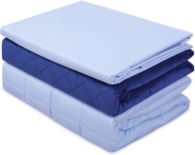 Photo 1 of ACOMOPACK Weighted Blanket Kids with 2 Duvet Covers(3 Pieces,7lbs 60"×80",Blue) Cooling Fiber and Warm Minky Duvet Cover Set,Fits Queen Size Bed
