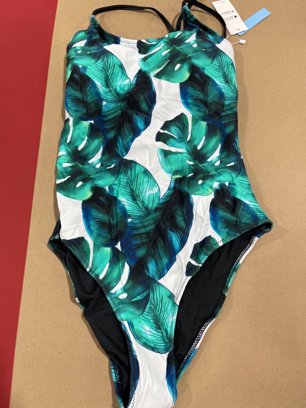 Photo 1 of CUPSHE Women's Tropical Leaf Print Lined Lace Up Back Padded One Piece Swimsuit (L)