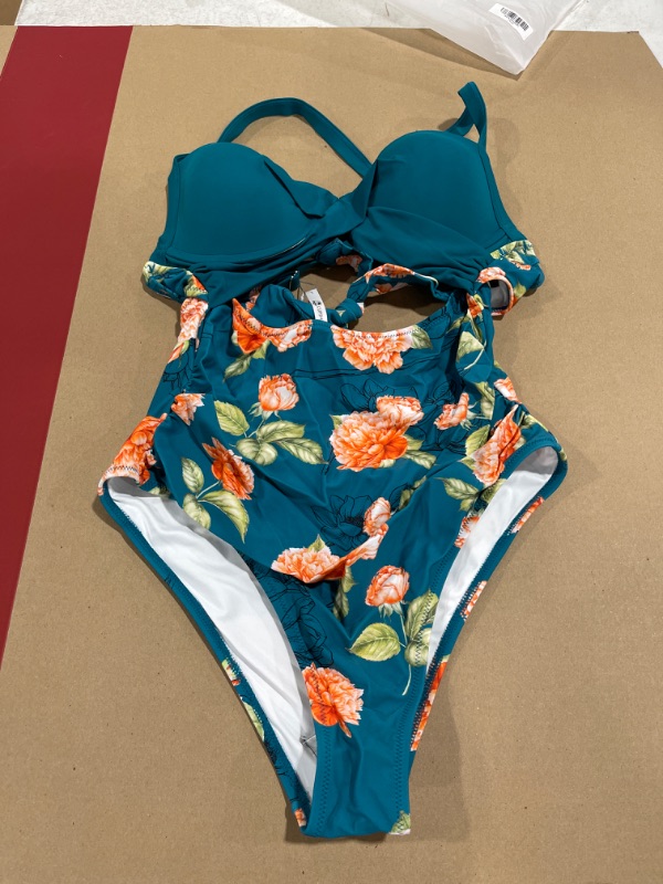 Photo 2 of CUPSHE Women's One Piece Andi Teal Floral Crisscross Back Tie Swimsuit (L)
 