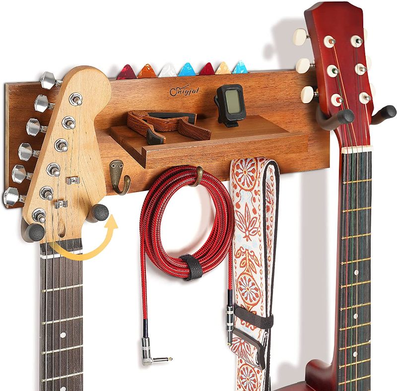 Photo 1 of Guitar Wall Mount with 2 Rotatable Rubber Hook, Wood Guitar Wall Hanger with Shelf and Pick Holder, Guitar Holder Wall Stand Hanging Rack for Acoustic Electric Guitar, Bass, Gifts for Guitar Players
