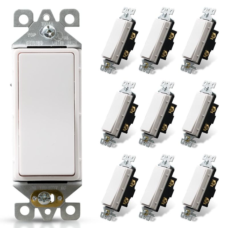 Photo 1 of ELEGRP Glossy White Single Pole Decorator Light Switch, 15Amp, 120/277V, Decorative Paddle Rocker Switch Replacement, On/Off Wall Switch, Self-Grounding, Residential/Commercial Grade, 10 Pack, UL/CUL,
