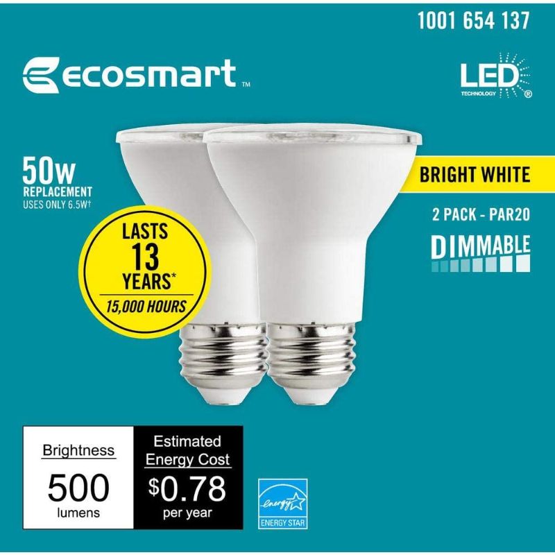 Photo 1 of EcoSmart 50-Watt Equivalent PAR20 Dimmable Energy Star LED Light Bulb Bright White (2-Pack)
