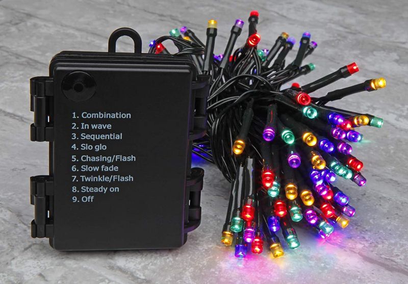 Photo 1 of DecoBrite Multicolor LED Battery Operated Christmas String Lights with 8 Modes Function 100 ct. 26ft (8m) Micro Bulbs on Green Wire Indoor Outdoor Holidays Patio Decoration (Multicolor)
