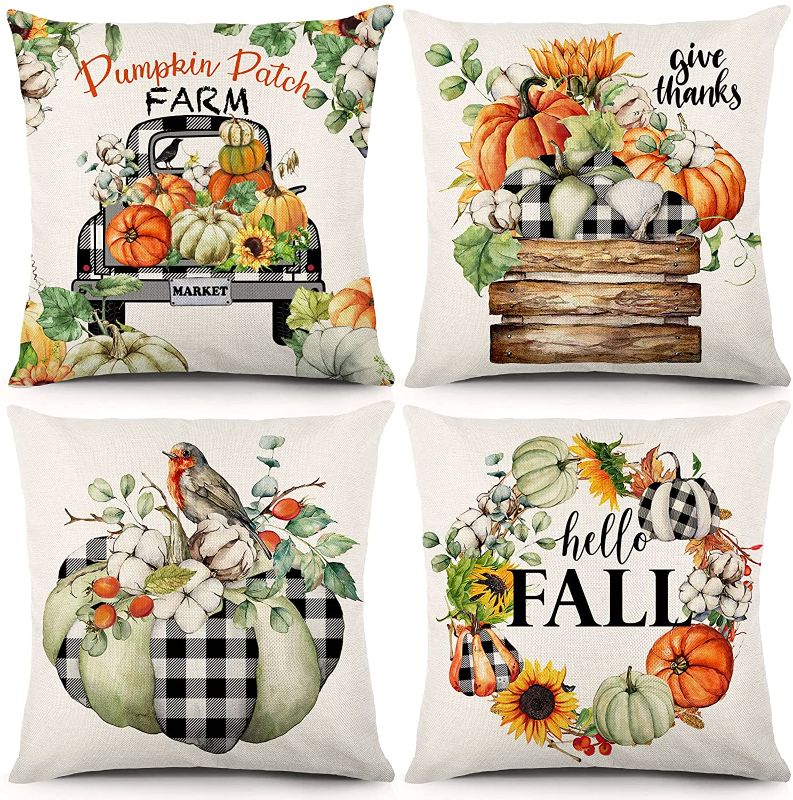 Photo 1 of Bowount Fall Thanksgiving Pillow Covers 18x18 Inch Set of 4 Autumn Decorations Throw Pillowcase Sunflower Pumpkin Truck Farmhouse Linen Cushion Case for Sofa and Home Decor
