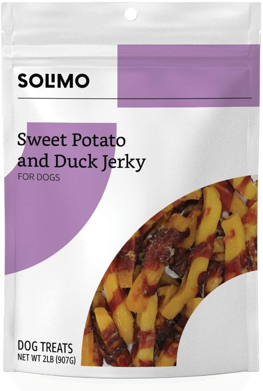 Photo 1 of Amazon Brand - Solimo Jerky Dog Treats, 2 Lb Bag (Chicken, Duck, Sweet Potato Wraps)