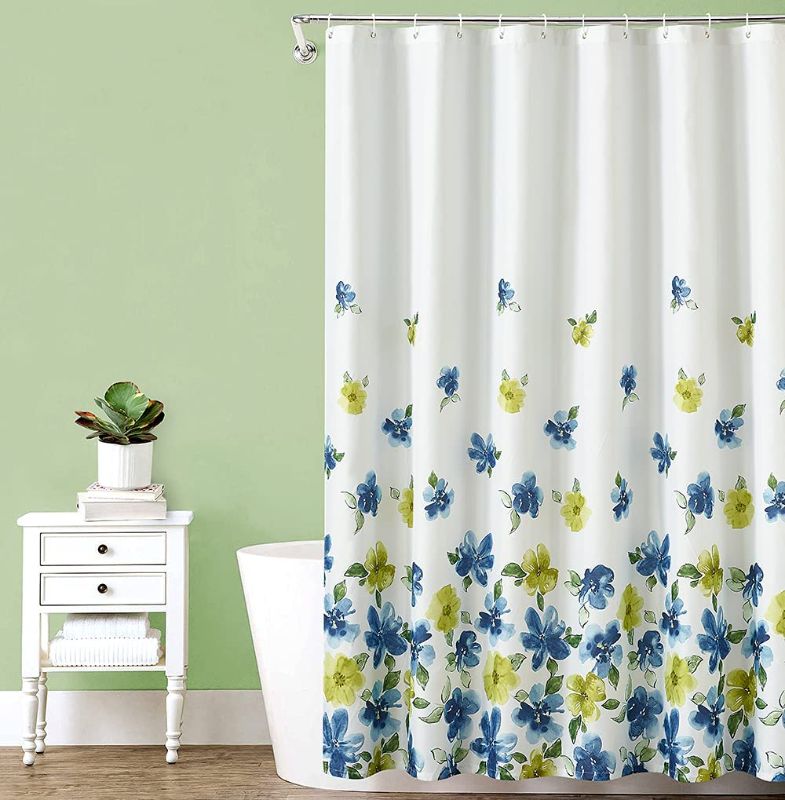 Photo 1 of Blue and Yellow Watercolor Flower Shower Curtain?Waterproof Floral Shower Curtains for Bathroom,Reinforced Metal Grommets?Easy Care with 12 Hooks,72"x72"
