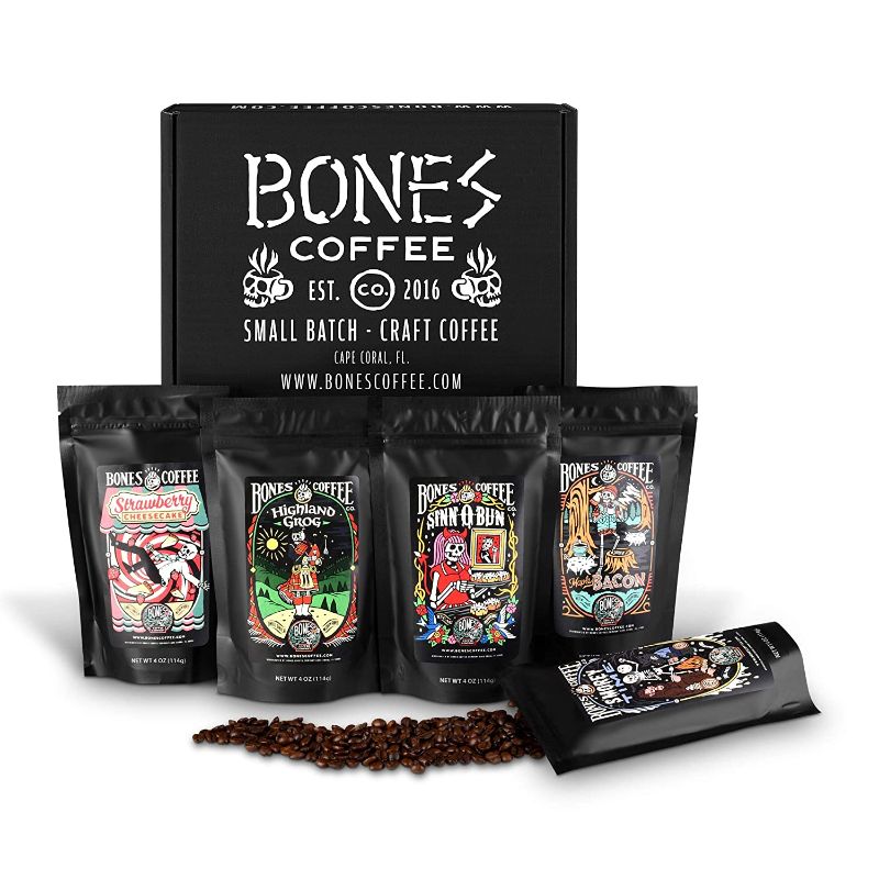 Photo 1 of Bones Coffee Favorite Flavors Sample Pack Flavored Whole Bean Coffee Sampler | 4 oz Gift Box Set Pack of 5 Assorted Flavored Coffee Beans (Whole Bean)
**BEST BY: 12/16/2021**