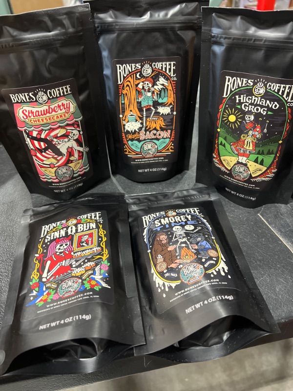 Photo 2 of Bones Coffee Favorite Flavors Sample Pack Flavored Whole Bean Coffee Sampler | 4 oz Gift Box Set Pack of 5 Assorted Flavored Coffee Beans (Whole Bean)
**BEST BY: 12/16/2021**