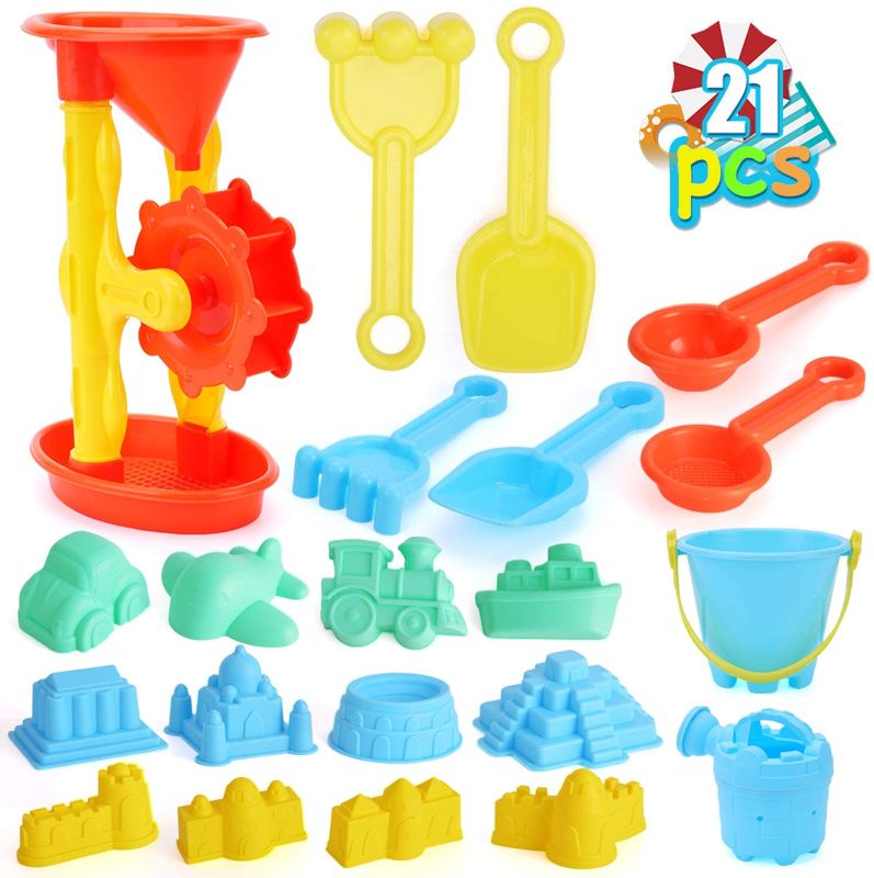 Photo 1 of Qutasivary 22pcs Beach Sand Toys Set for Kids with Assembled Sand Water Wheel, Beach Bucket, Watering Can, Shovel Tool Kits and Castle Models&Molds in A Mesh Bag for Toddlers Baby Boys and Girls
