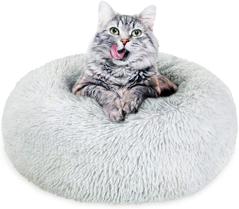 Photo 1 of BEDELITE Dog Bed Cat Bed - Round Dog Bed in Soft Faux Fur Pet Bed, Donut Calming Dog Bed & Cat Bed for Small Medium Dog & Cat 20 Inches Fit up to 15/25/45LBS (Grey,) Washable
