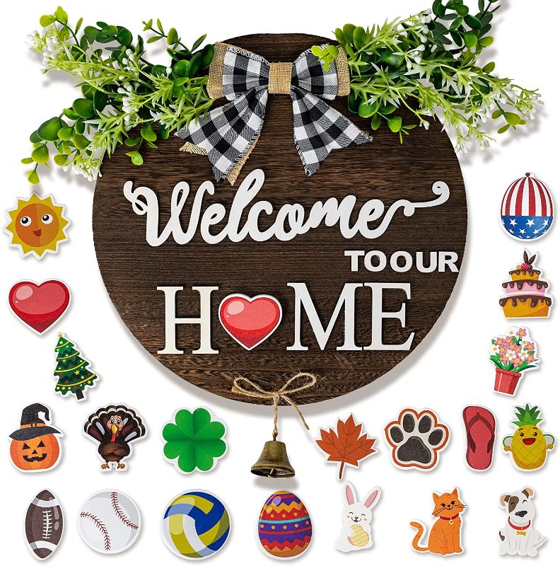 Photo 1 of HippoHome Interchangeable Welcome Sign with Decorations: Hanging Wooden Welcome Sign with 20 Seasonal Ornaments and Bell - Switchable Signs for Home & Front Door or Porch Decor - Housewarming Gifts
