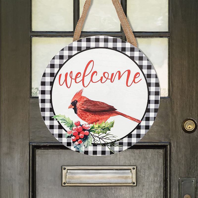 Photo 1 of DAZONGE Buffalo Plaid Christmas Decorations - 12'' Wooden Christmas Wreath for Front Door - Cardinal Christmas Door Decorations - Vintage Welcome Sign for Christmas Wall Decor
