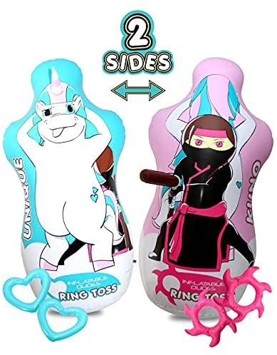 Photo 1 of (Inflatable Dudes) Ring Toss- Double Sided- {Unique/Unicorn + Ninja Girl/Kuno} 5 FEET | 2 Heart Rings and 2 Star Rings Included | Already Filled with Sand | Kids Punching Bag | Play Therapy
