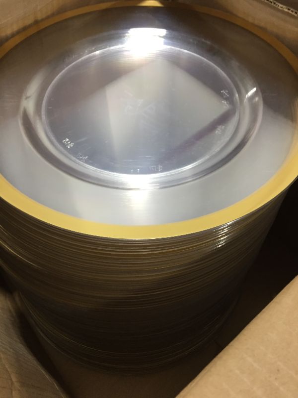 Photo 1 of 100CT Wedding Plate Platters (PLASTIC gold rimmed painted)