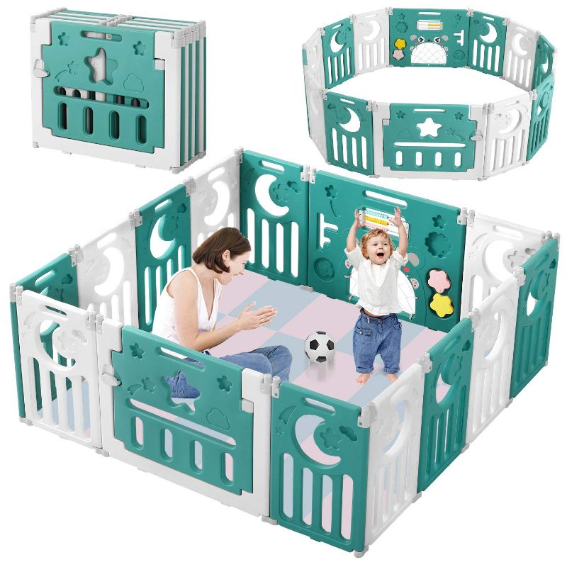 Photo 1 of Baby Playpen, Dripex Upgrade Foldable Kids Activity Centre Safety Play Yard Home Indoor Outdoor Baby Fence Play Pen NO Gaps with Gate for Baby Boys Girls Toddlers (Dark Green + White)
