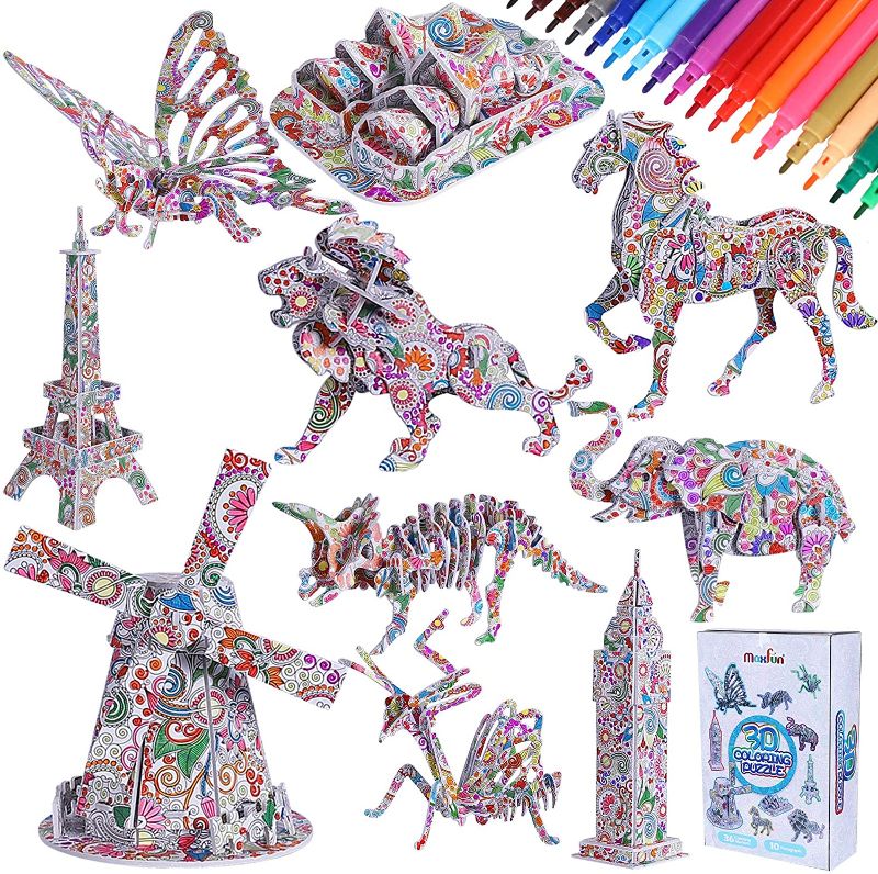 Photo 1 of Max Fun 10 Pack 3D Coloring Puzzles Set for Kids with 36 Coloring Pen Markers DIY Educational Art Coloring Painting Puzzle Toys Gifts for Girls Boys