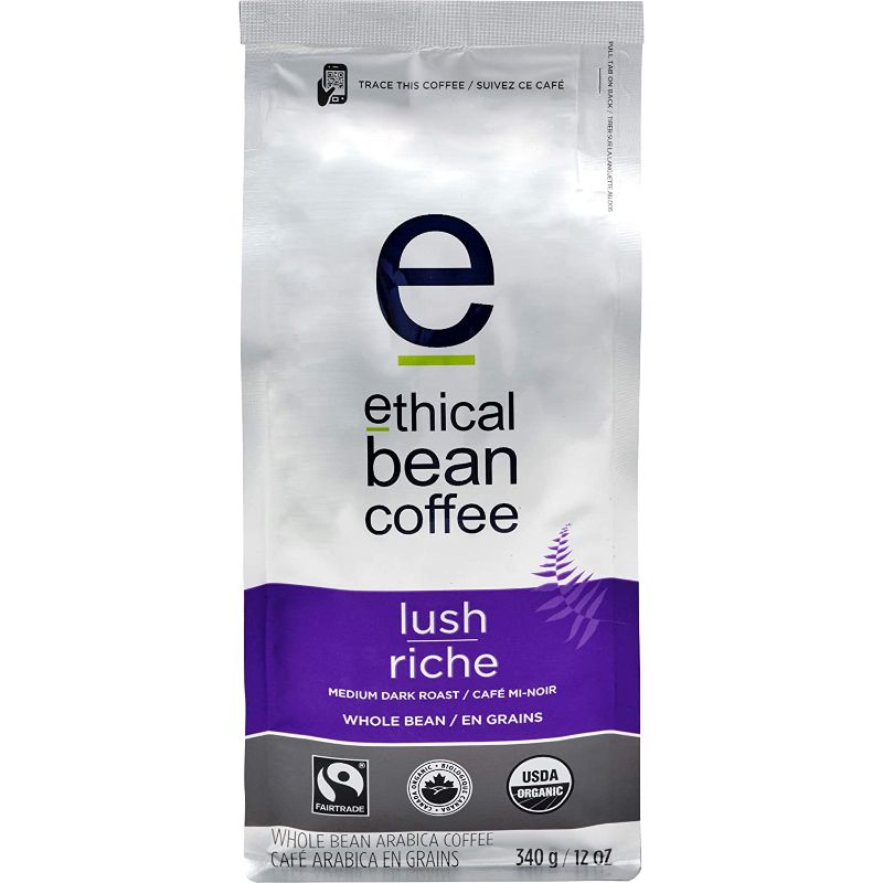 Photo 1 of 2 PACK Lush Ethical Bean Coffee: Medium Dark Roast Whole Bean Coffee - USDA Certified Organic Coffee, Fair Trade Certified - 12 Ounce Bag (340 g)