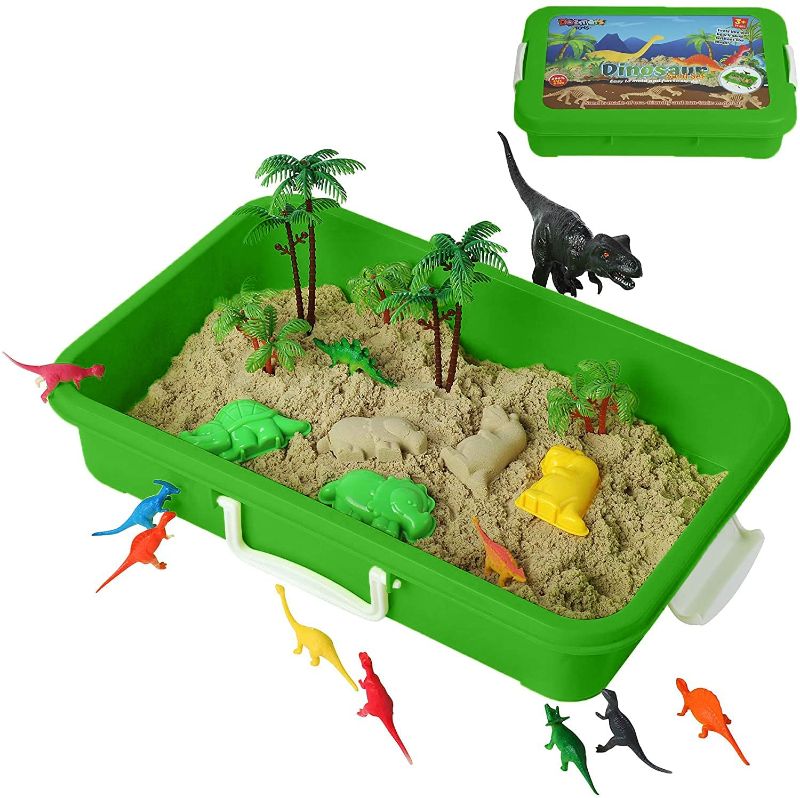 Photo 1 of Dinosaur Play Sand Kit - 2 Bags of Sand and 34 Pieces - Feels Like Wet Sand Without The Mess - Comes with Bin, Lid, Dinosaur Figures, Dino Molds, Trees, Fences - Safe, Sensory Experience for Kids