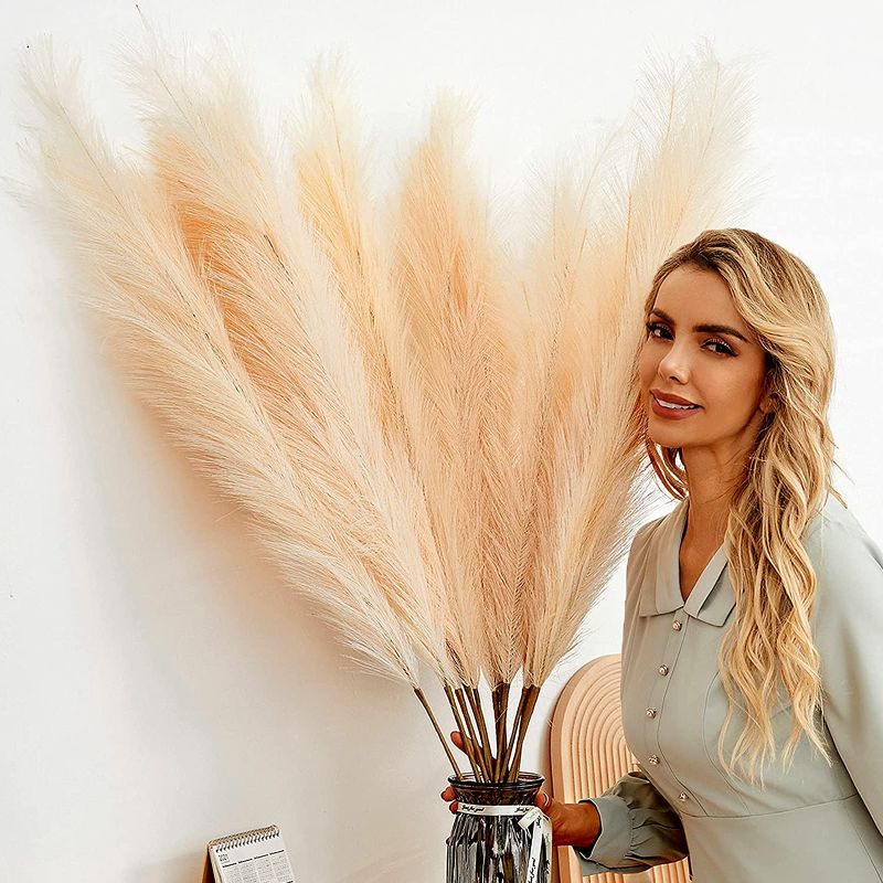 Photo 1 of 6 PCS Faux Pampas Grass Large 45"/115CM Tall Big Artificial Pompous Grass Fake Pompass Branches Plants Fluffy Flower Floor Vase Filler for Home Boho Decor (Cream/Beige)